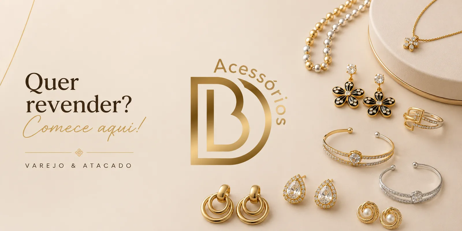 Banner da DB Acessórios em Surubim: modelo usando brincos dourados e a frase elegância que valoriza você, bijuterias finas e selecionadas